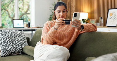 Buy stock photo Woman, relax and phone with credit card for online shopping, subscription payment or transaction at home. Person, webshop scroll and debit details for ecommerce, internet banking and mobile app store