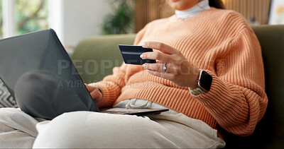 Buy stock photo Hand, credit card and laptop in home for online shopping, subscription payment or transaction. Person, webshop and debit details for ecommerce, internet banking and pc for fintech, purchase or buying