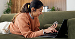 Credit card, laptop and woman on couch for online shopping, subscription payment or transaction. Person, webshop or debit details for ecommerce, internet banking and pc for fintech and relax at home