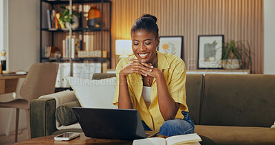 Buy stock photo Smile, woman and student in home with laptop, good news and email for university acceptance. Happy, African person or reading at house with pc, exam results and notification for elearning scholarship