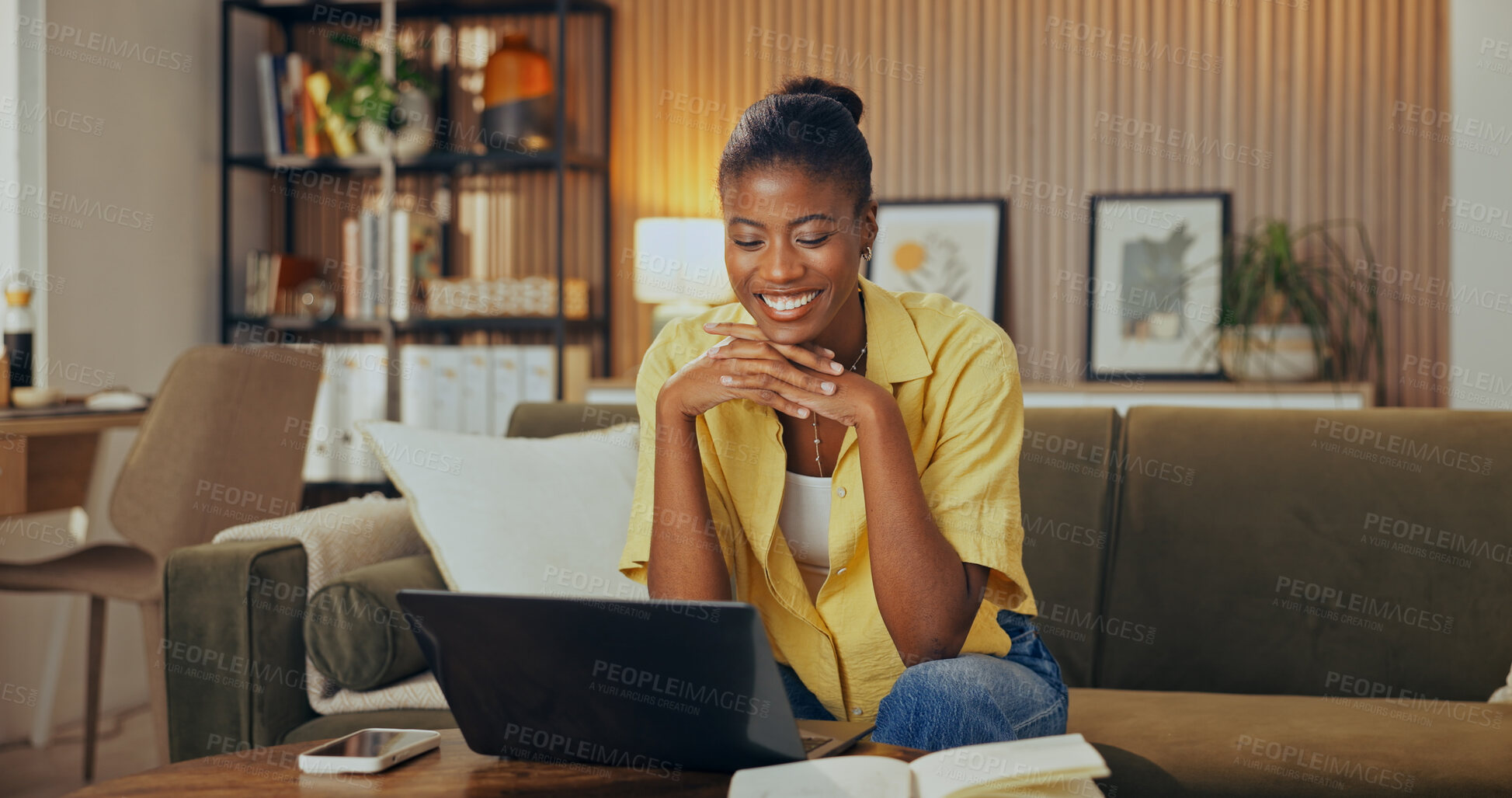 Buy stock photo Smile, woman and student in home with laptop, good news and email for university acceptance. Happy, African person or reading at house with pc, exam results and notification for elearning scholarship