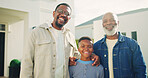 Portrait, dad and child with grandfather for new house, relocation and moving to dream home outdoor. African family, happy and man with son, senior parent and smile for bonding, love and property