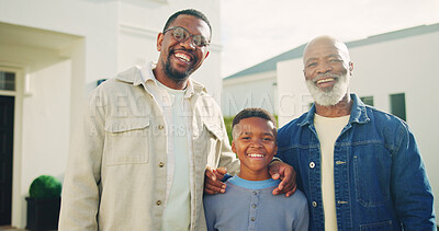 Buy stock photo Portrait, dad and child with grandfather for new house, relocation and moving to dream home. African family, generations and happy man with son, senior parent and smile for bonding, love and property