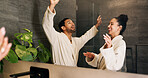 Bathroom, happy couple and dance by mirror for care, morning routine and bonding together. Excited people, music and rhythm in home with reflection, singing and relationship wellness with partner