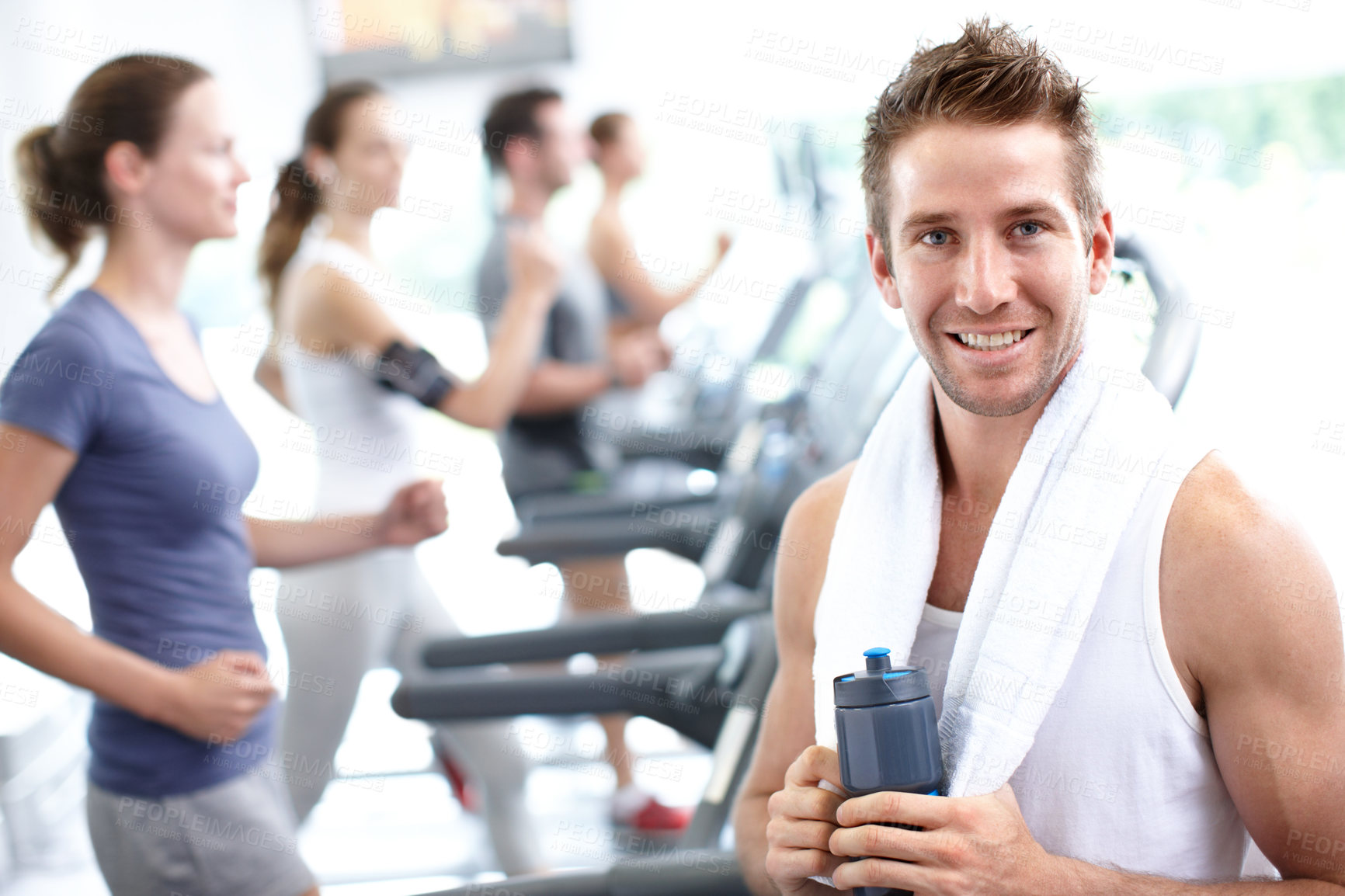 Buy stock photo Gym, portrait and man with bottle for treadmill, fitness challenge or cardio workout. Happy, runner person and exercise machine with water beverage for pace practice, wellness or training in club