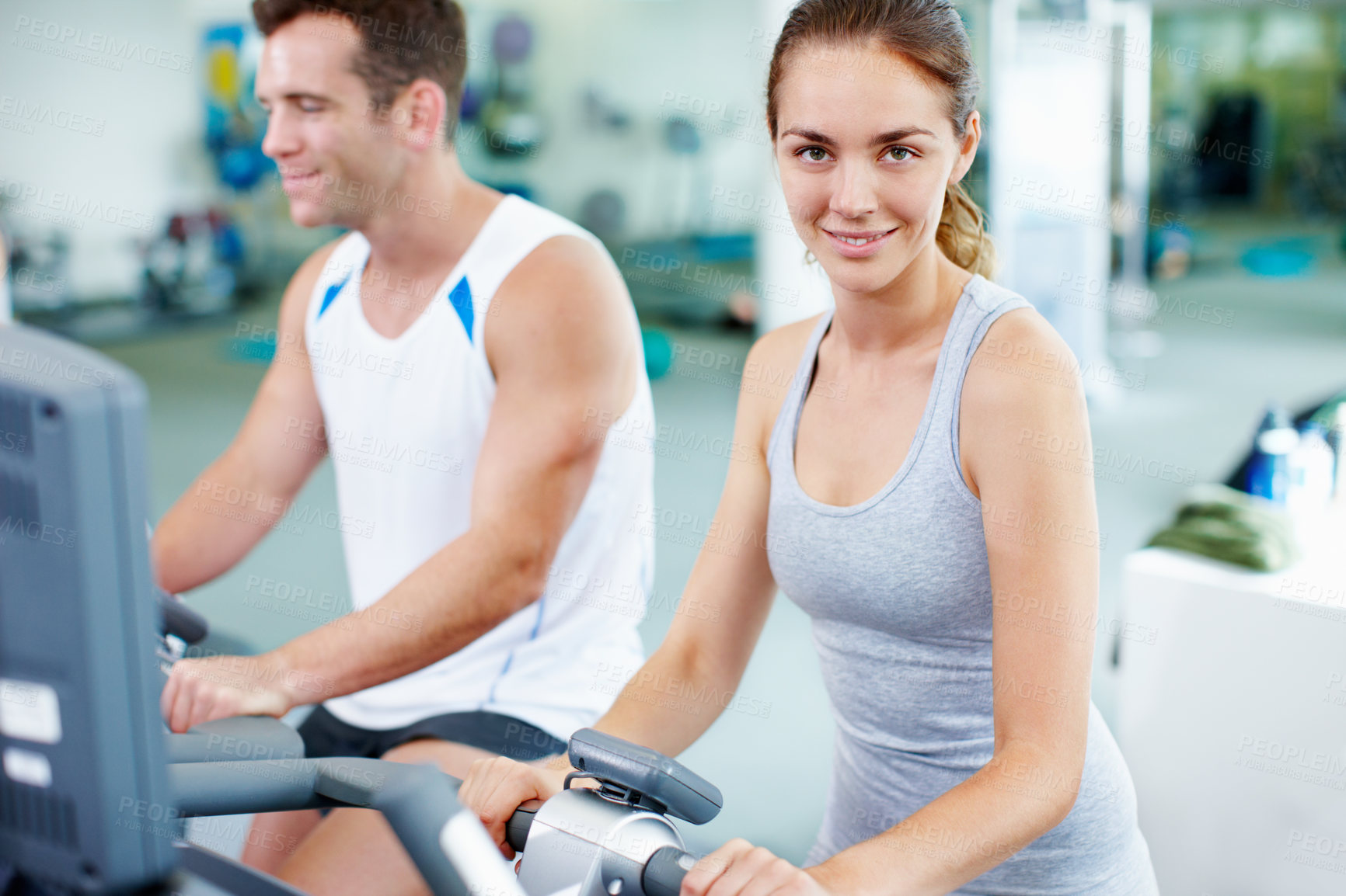 Buy stock photo Gym, portrait and woman with bike for training, endurance challenge or workout. Confidence, exercise machine and athlete person with cycling practice for wellness, fitness or routine in health club