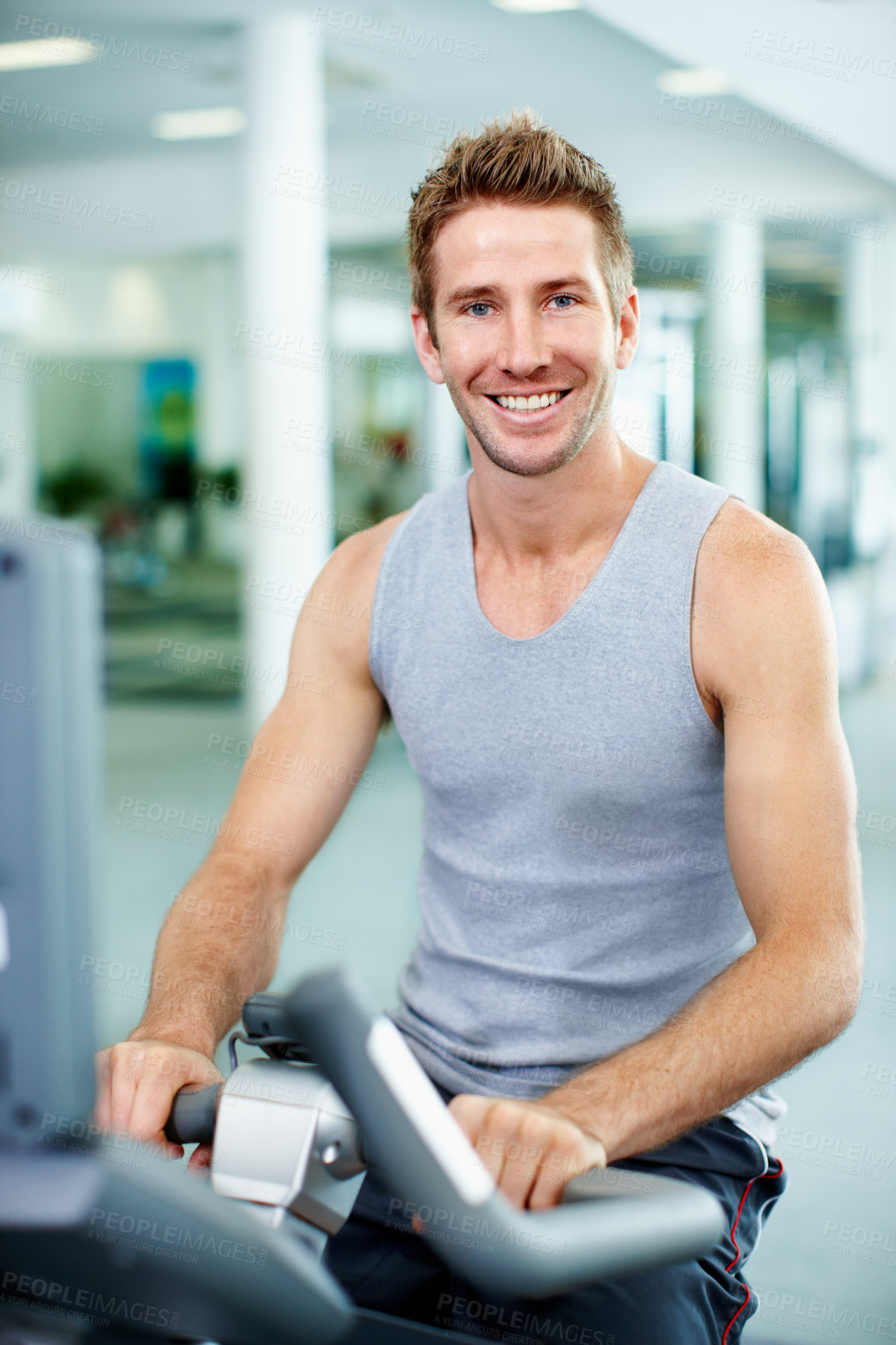 Buy stock photo Smile, treadmill and portrait of man in gym for running, exercise or training for wellness. Fitness, equipment and person on machine with cardio, workout or active for health in sports center.