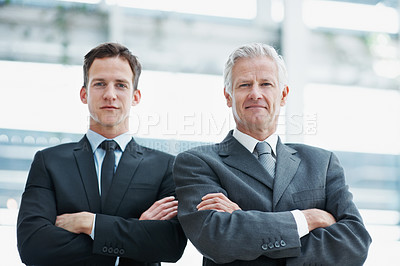 Buy stock photo Business, portrait or team in firm with arms crossed, pride or about us in corporate law industry. Justice, space or legal executives with confidence, ambition or solidarity in attorney partnership.