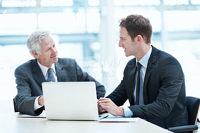 Buy stock photo People, meeting and laptop at law firm with discussion, manager advice and legal aid for court case. Lawyer, men and conversation in office with computer, lawsuit research and strategy for attorney.