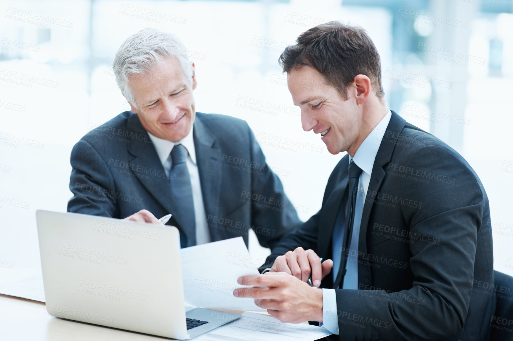 Buy stock photo Corporate, people and paperwork at law firm with laptop, manager advice and legal aid for court case. Attorney, men and conversation in office with computer, documents and collaboration for lawsuit.
