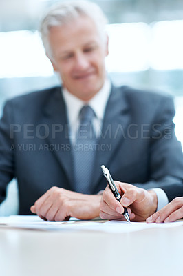 Buy stock photo Businessman, hands and signing document in office, investment agreement and legal contract approval. People, writing and business deal for financial growth, collaboration and merger with paperwork