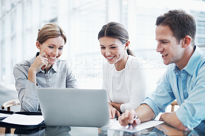 Buy stock photo Corporate, meeting and business people with laptop for planning, financial review and investment. Office, team and workers on computer for research, finance report and discussion for budget proposal