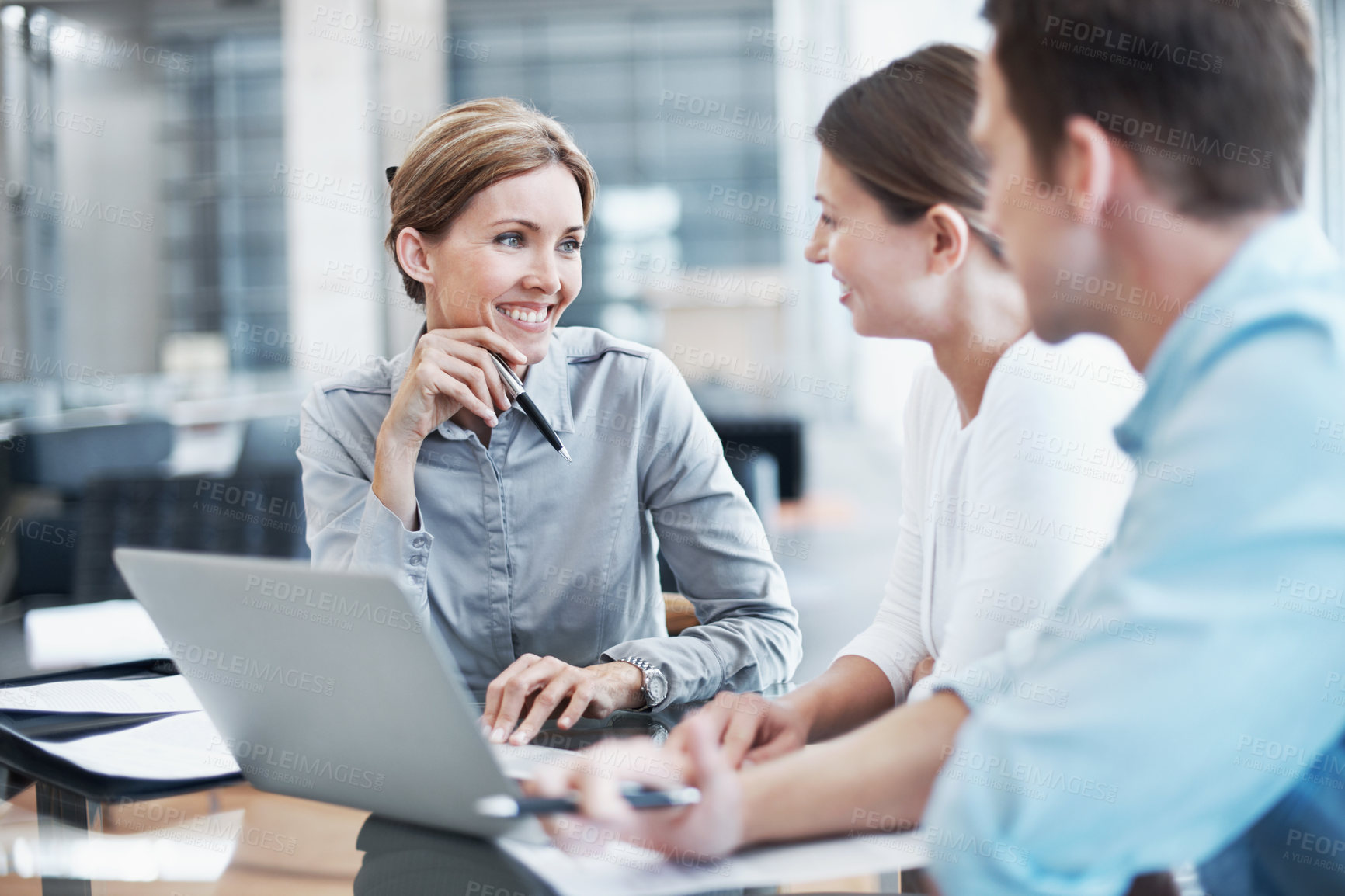 Buy stock photo Finance, couple and happy at laptop with consultant, insurance policy update and meeting. Computer, married people and broker agent in office for investment guide, asset management or planning budget