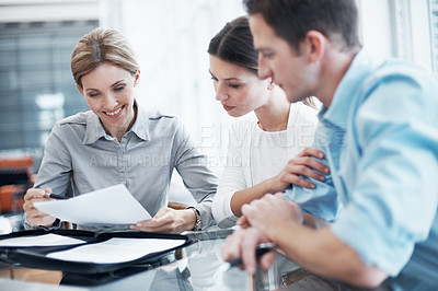 Buy stock photo Finance, couple or paperwork in meeting with consultant, insurance policy update or holding hands. Support, married people or broker agent in office for investment guide, asset management or document