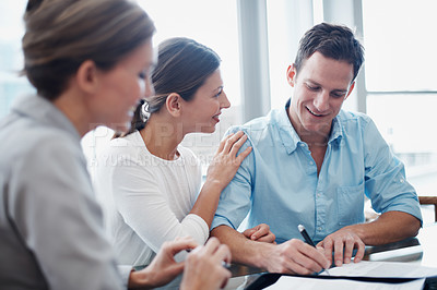 Buy stock photo Contract, financial advisor and signature of couple in office for approval, consulting or investment. Deal, documents or finance and people signing agreement with broker for portfolio management