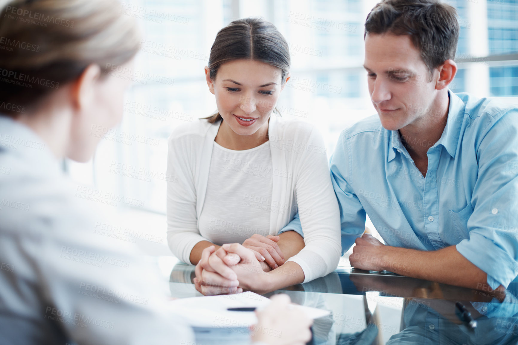 Buy stock photo Couple, meeting and talking with financial advisor for consulting, contract or investment. Advice, deal and finance with broker speaking to client people in office for portfolio growth or management