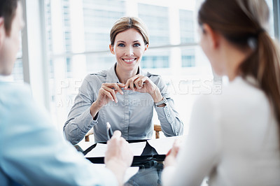 Buy stock photo Consultation, couple and financial advisor in office, smile or planning with asset management document. Man, happy woman and consultant with clients for insurance application, contract and portrait