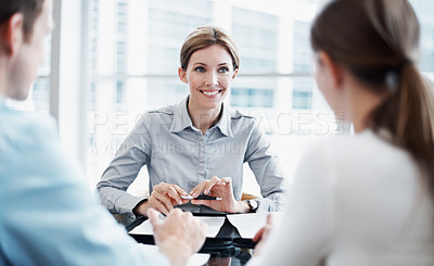 Buy stock photo Consultation, couple and financial advisor in office, planning and asset management document. Man, happy woman and consultant with clients for insurance application, investment contract and mortgage