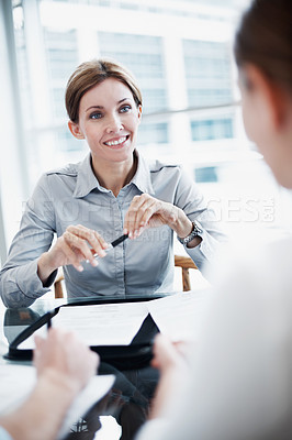 Buy stock photo Consultation, happy woman and financial advisor with couple in office, planning and asset management. People, consultant and clients with insurance policy document, investment help or mortgage advice