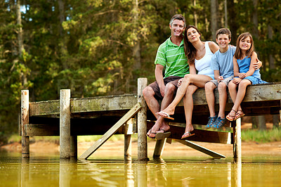 Buy stock photo Travel, hug or family on deck with portrait, bonding together or connection on summer vacation. Love, parents or children at lake with embrace, happy moment or healthy relationship on outdoor getaway