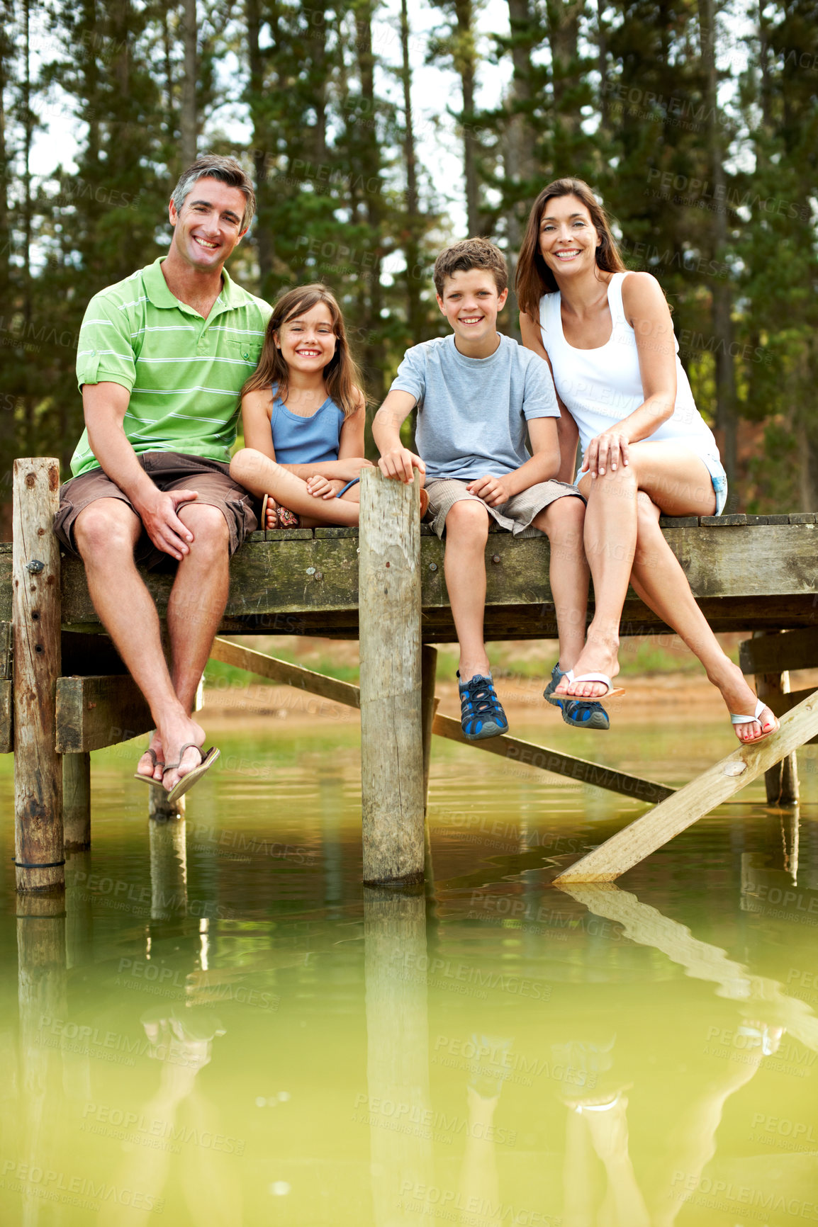 Buy stock photo Travel, smile or family at river with portrait, bonding together or connection on summer vacation. Trip, parents or children outdoor with love, happy moment or healthy relationship on lake getaway.
