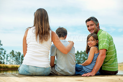 Buy stock photo Father, girl and smile on dock for vacation with countryside, bonding and relax in nature together. Family, children and portrait with jetty outdoor for holiday, summer trip and travel by lake