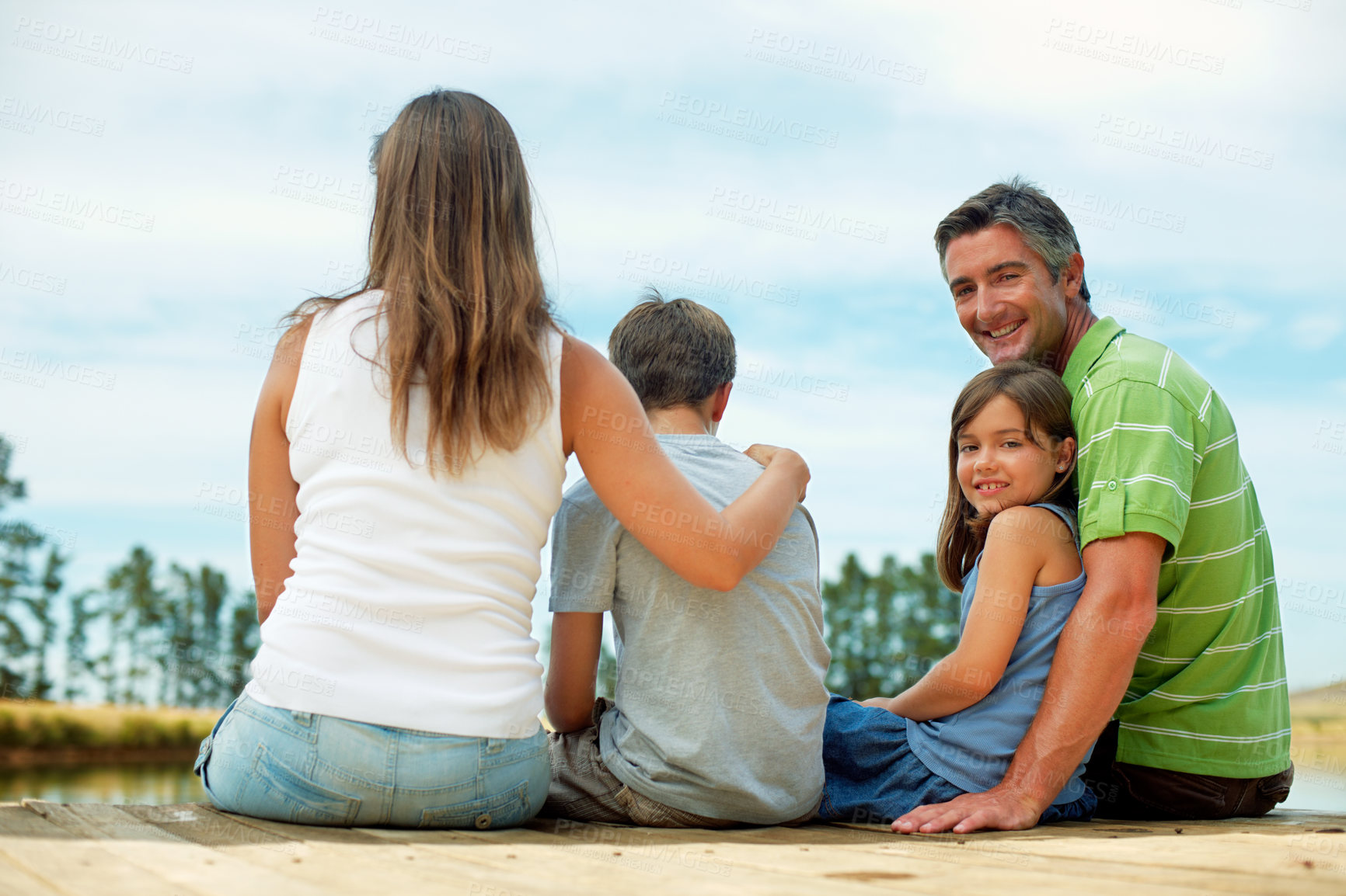 Buy stock photo Father, girl and smile on dock for vacation with countryside, bonding and relax in nature together. Family, children and portrait with jetty outdoor for holiday, summer trip and travel by lake
