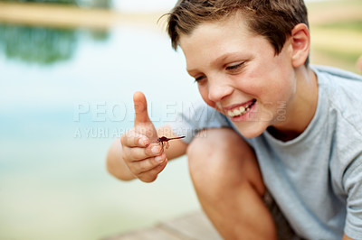 Buy stock photo Dragonfly, happy and child by lake outdoor for adventure, discovery and fun in nature with smile. Animal, boy or kid by river on summer holiday, vacation or laugh for insect by space for learning