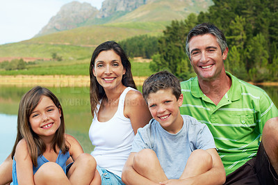 Buy stock photo Holiday, parents or children at lake with portrait, bonding together or connection on summer vacation. Smile, siblings or family with love, happy moment or healthy relationship on outdoor getaway.