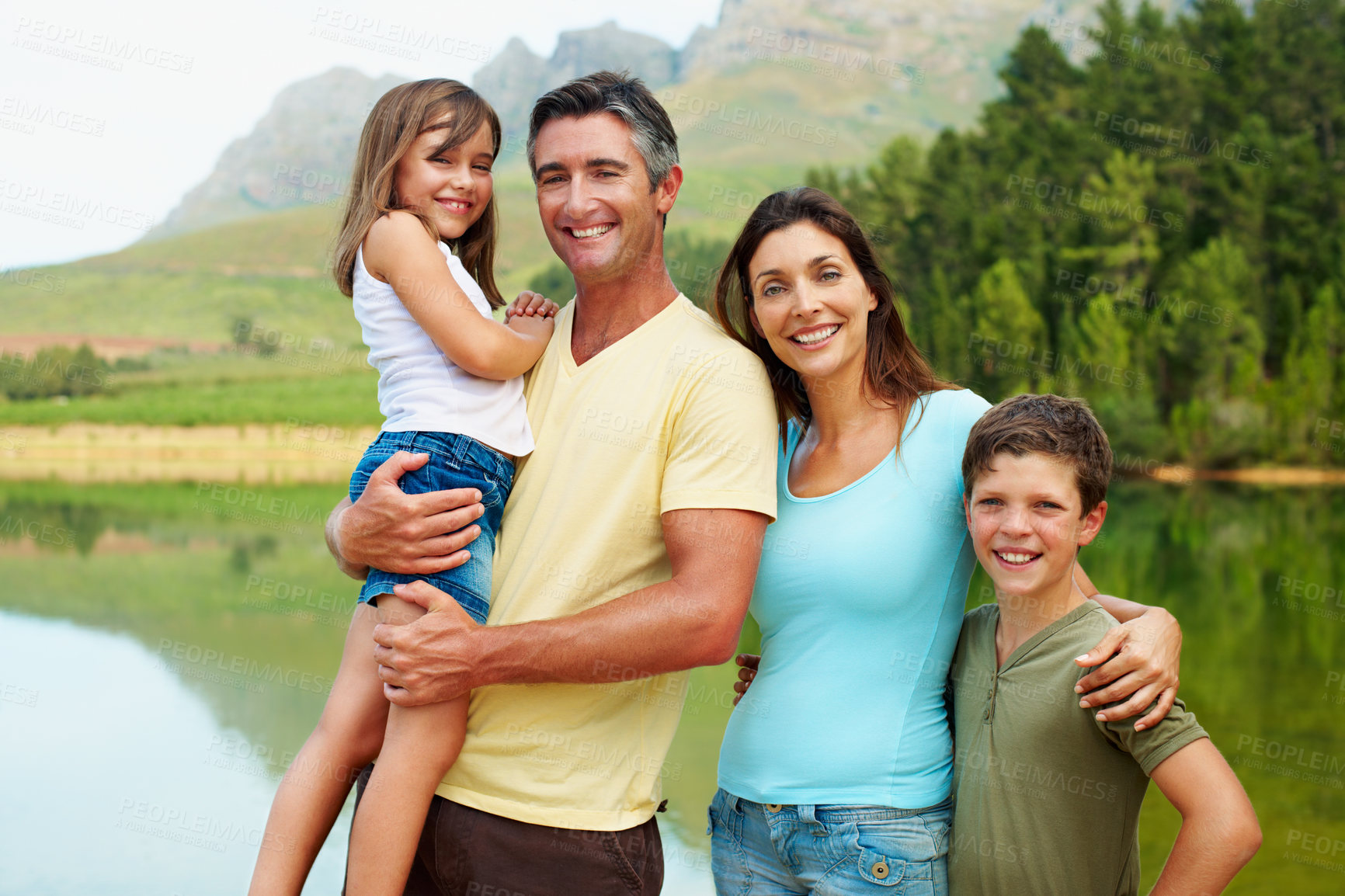 Buy stock photo Vacation, portrait or family at lake with hug, bonding together or connection on summer holiday. Smile, parents or children at river with embrace, happy moment or healthy relationship on outdoor trip