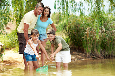 Buy stock photo Family, net and fishing in lake for holiday with countryside, bonding and activity in nature together. Parents, children and excited with game outdoor for vacation, summer trip and travel in forest