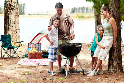 Buy stock photo Family, camping and barbecue in forest for holiday with love, bonding and relax in nature together. Mother, father and children with tent outdoor for vacation, summer trip and travel with grill