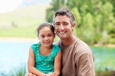 Buy stock photo Father, girl and portrait by lake for vacation with countryside, bonding and smile in nature together. Family, man and child with happiness outdoor for holiday, summer trip and travel in woods