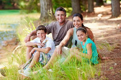 Buy stock photo Holiday, smile or family in nature with portrait, bonding together or connection on summer vacation. Love, parents or children with trip, happy moment or healthy relationship on outdoor getaway.