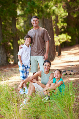 Buy stock photo Holiday, parents or children in nature with portrait, bonding together or connection on summer vacation. Support, siblings or family with love, happy moment or healthy relationship on outdoor getaway