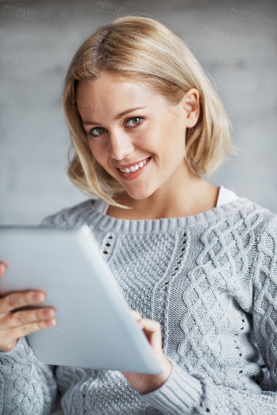 Buy stock photo Portrait, tablet and smile with woman in home for streaming service, social media and subscription membership. Happy, network and movie account browsing with person online in living room of house