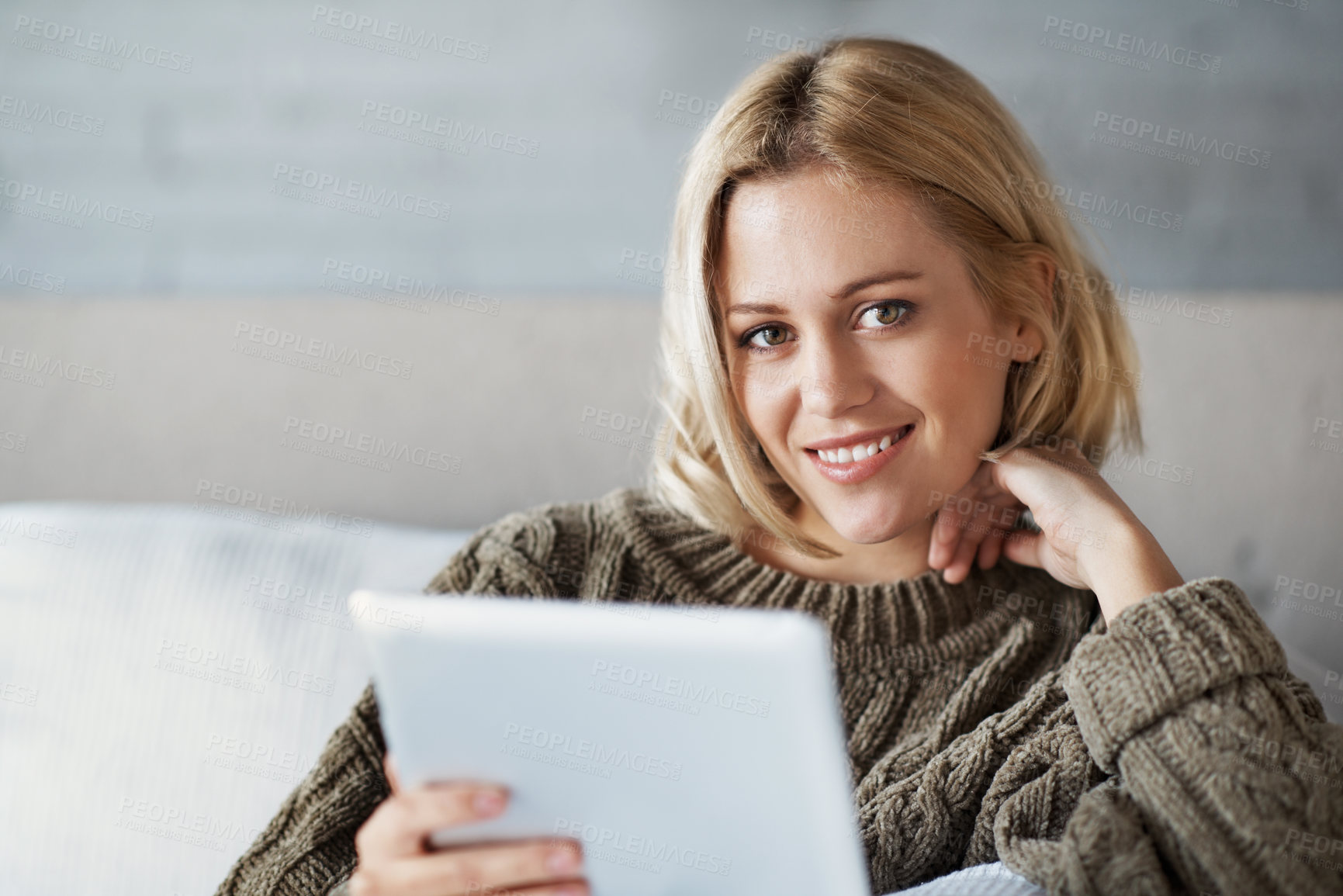 Buy stock photo Happy, portrait and woman with tablet on sofa for internet, connection and networking on weekend. Space, home and person on digital tech for website store, subscription and online shopping for break
