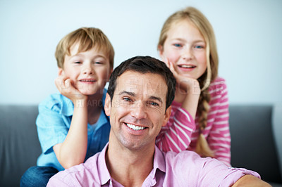 Buy stock photo Childcare, dad and kids in home with portrait, child growth or bonding together on weekend break. Love, relax or people in house with smile, happy moment or family connection in childhood development