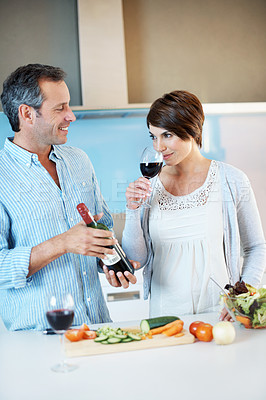 Buy stock photo Cooking, happy couple and wine tasting in kitchen, love and bonding with partner on weekend in house. Meal prep, home and people with alcohol, connection and ingredients for lunch and healthy food