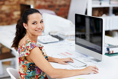 Buy stock photo Woman, portrait or web designer with computer in office for digital marketing or advertising. Female person, employee or creative with smile on technology or mockup space for online project or design