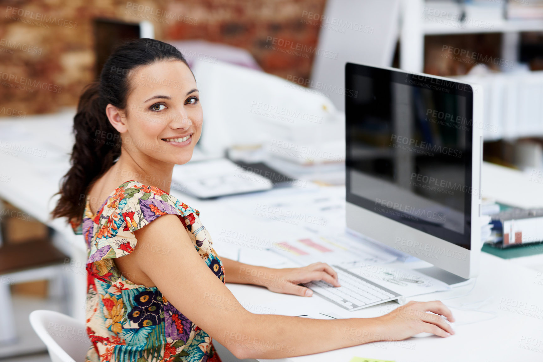 Buy stock photo Woman, portrait or web designer with computer in office for digital marketing or advertising. Female person, employee or creative with smile on technology or mockup space for online project or design