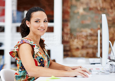 Buy stock photo Research, portrait or woman in office with computer, project review or feedback on creative pitch. Happy, space or marketing specialist with tech, report update or proposal draft for brand campaign.