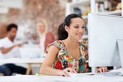Buy stock photo Creative, online and happy woman with computer in business, design and editing assignment on website. Graphic designer, coworking and person with tech for project, brand identity and smile in office