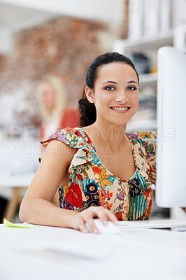 Buy stock photo Research, portrait or woman in agency with computer, project review or feedback on creative pitch. Happy, brand or advertising clerk with tech, report update or proposal draft for marketing campaign.