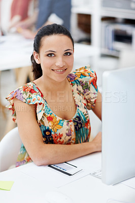 Buy stock photo Creative, woman or happy with computer in office for editorial expertise, blog research or about us. Portrait, editor and tech at agency for news reporting, publishing industry or editing publication