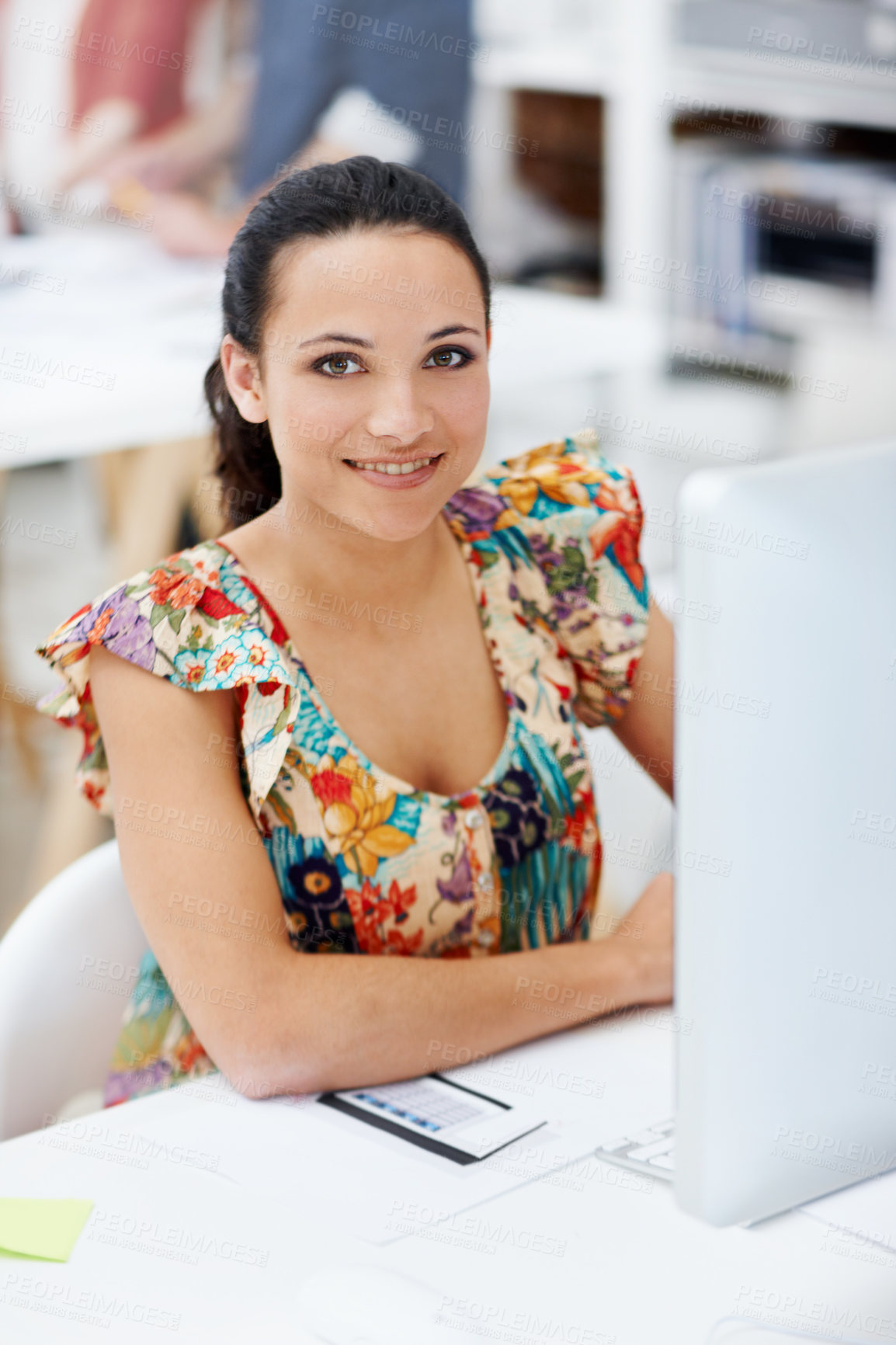 Buy stock photo Creative, woman or happy with computer in office for editorial expertise, blog research or about us. Portrait, editor and tech at agency for news reporting, publishing industry or editing publication