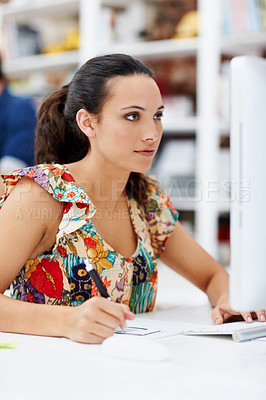 Buy stock photo Writing, computer and businesswoman with documents in office with research for creative project. Reading, tech and female magazine editor with schedule for publishing of article at startup agency.