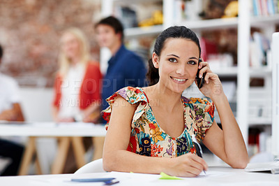 Buy stock photo Phone call, writing and portrait of businesswoman in office with communication for schedule plan. Cellphone, computer and magazine editor on mobile discussion for feedback on publishing at agency.