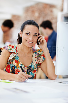 Buy stock photo Phone call, happy and portrait of businesswoman in office with communication for schedule plan. Writing, computer and magazine editor on mobile discussion for feedback on publishing at agency.