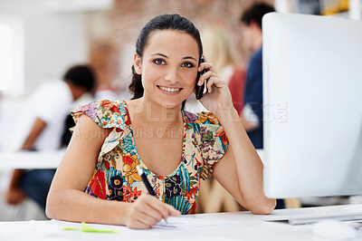 Buy stock photo Phone call, smile and portrait of businesswoman in office with communication for schedule plan. Cellphone, computer and magazine editor on mobile discussion for feedback on publishing at agency.